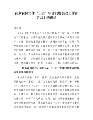在乡农村集体“三资”审计问题整改工作部署会上的讲话