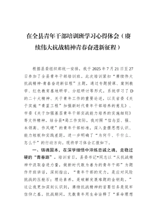 在全县青年干部培训班学习心得体会（赓续伟大抗战精神青春奋进新征程）