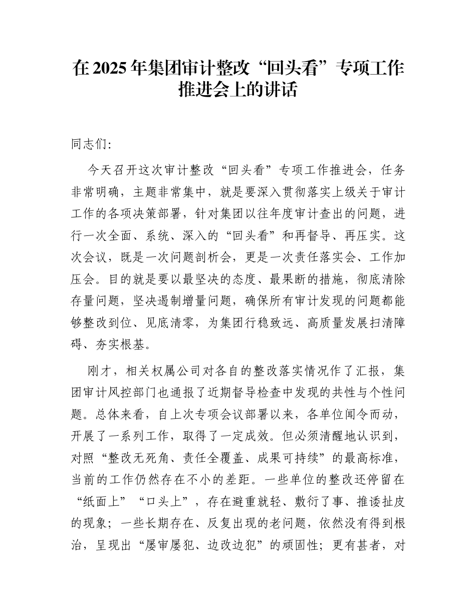 在2025年集团审计整改“回头看”专项工作推进会上的讲话_第1页