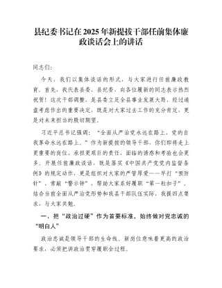 县纪委书记在2025年新提拔干部任前集体廉政谈话会上的讲话