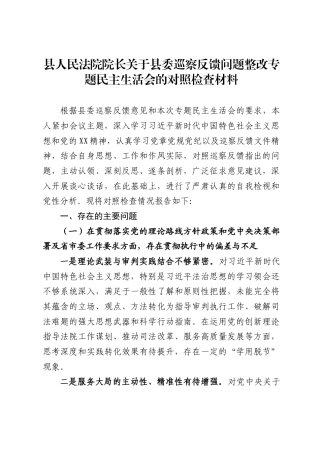 县人民法院院长关于县委巡察反馈问题整改专题民主生活会的对照检查材料