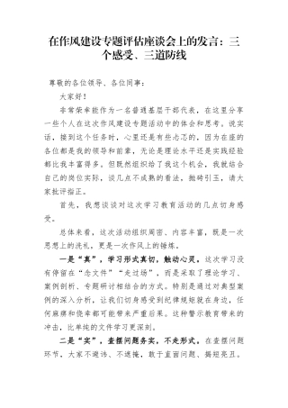 在作风建设专题评估座谈会上的发言：三个感受、三道防线