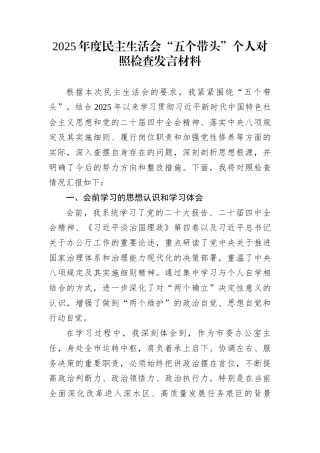 2025年度民主生活会“五个带头”个人对照检查发言材料