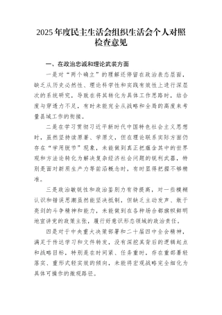 2025年度民主生活会组织生活会个人对照检查意见