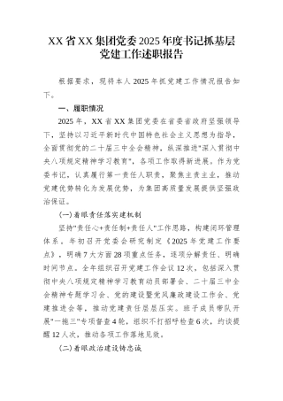 XX省XX集团党委2025年度书记抓基层党建工作述职报告