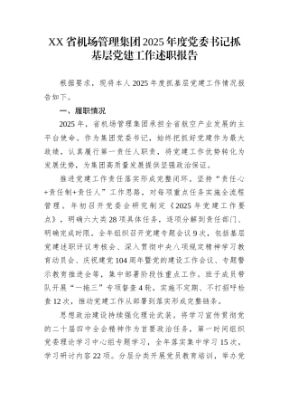 XX省机场管理集团2025年度党委书记抓基层党建工作述职报告