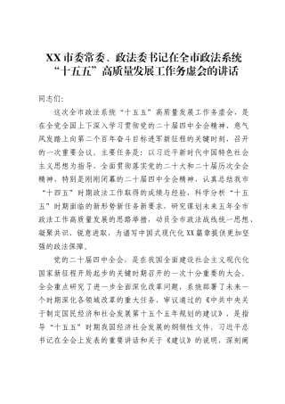 XX市委常委、政法委书记在全市政法系统“十五五”高质量发展工作务虚会的讲话.