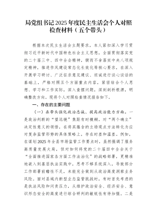 局党组书记2025年度民主生活会个人对照检查材料（五个带头）