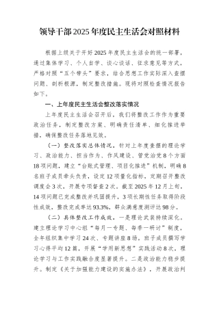 领导干部2025年度民主生活会对照材料