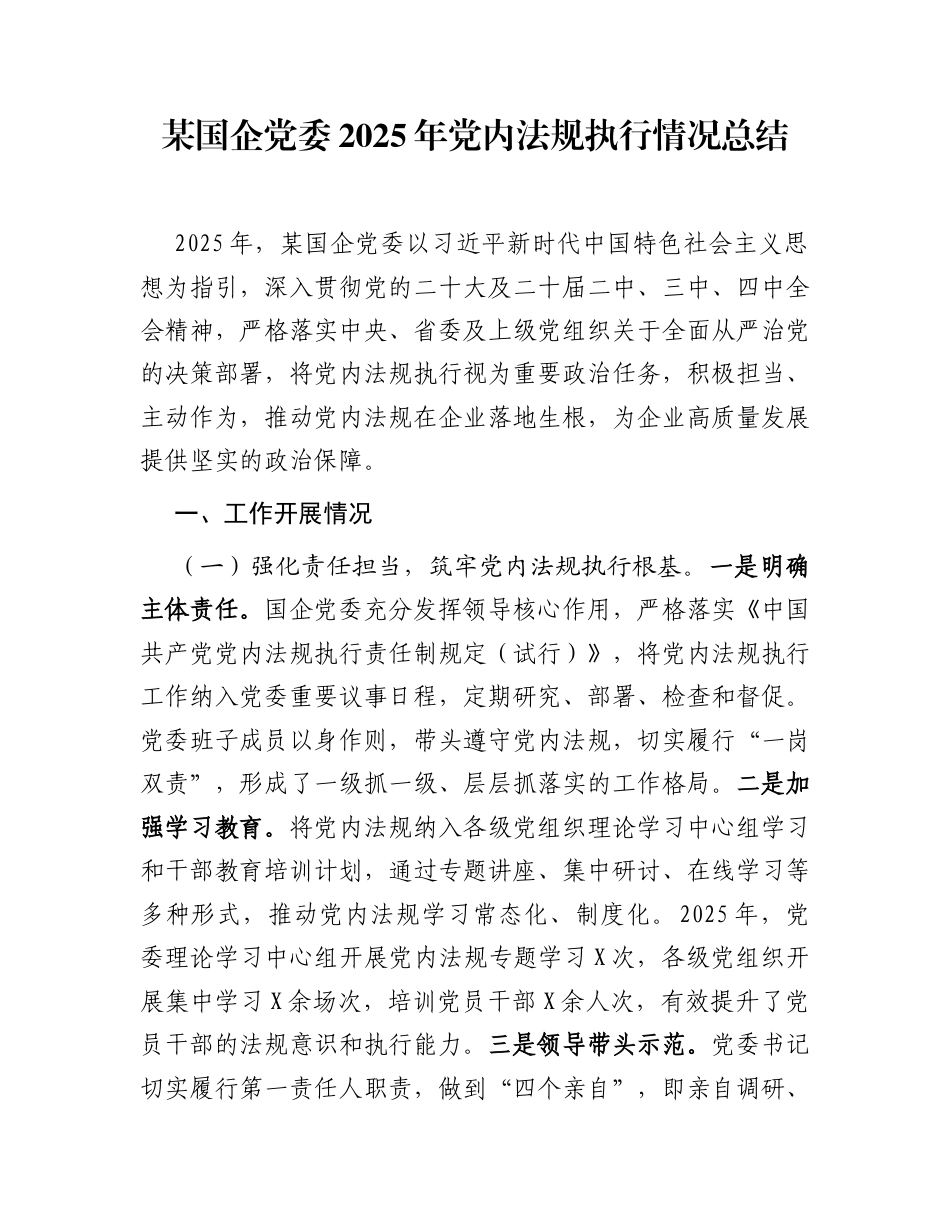 某国企党委2025年党内法规执行情况总结_第1页