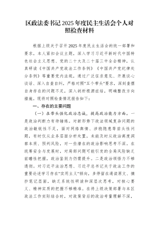 区政法委书记2025年度民主生活会个人对照检查材料