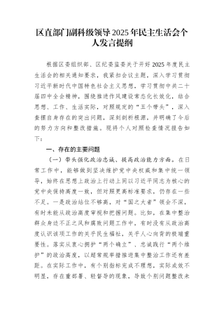 区直部门副科级领导2025年民主生活会个人发言提纲