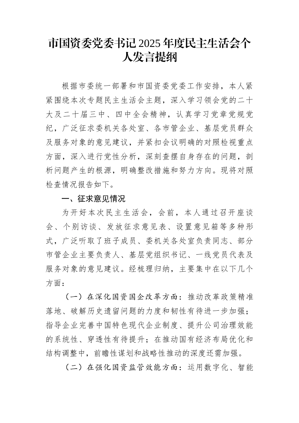 市国资委党委书记2025年度民主生活会个人发言提纲_第1页