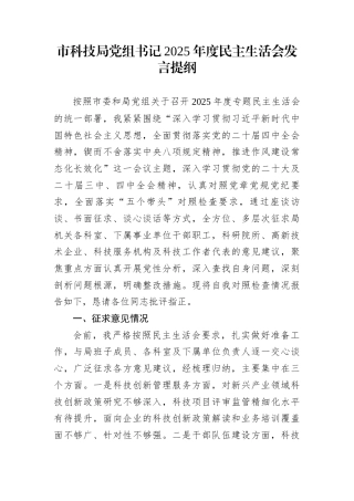 市科技局党组书记2025年度民主生活会发言提纲