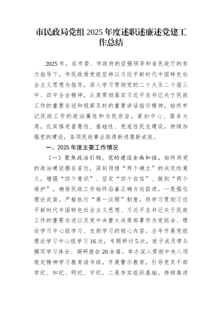 市民政局党组2025年度述职述廉述党建工作总结