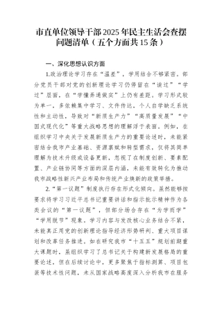 市直单位领导干部2025年民主生活会查摆问题清单（五个方面共15条）