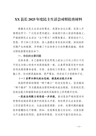 县长2025年度民主生活会对照检查材料