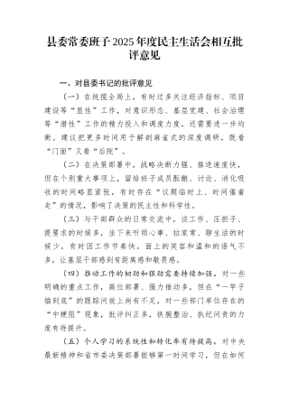 县委常委班子2025年度民主生活会相互批评意见