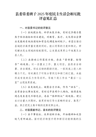 县委常委班子2025年度民主生活会相互批评意见汇总