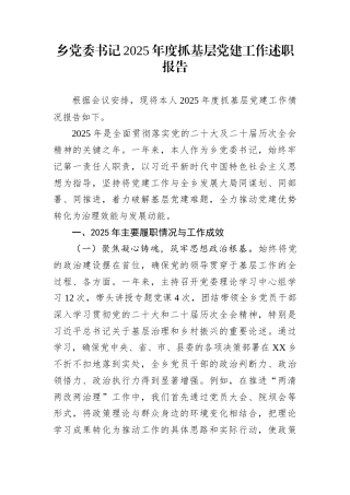 乡党委书记2025年度抓基层党建工作述职报告