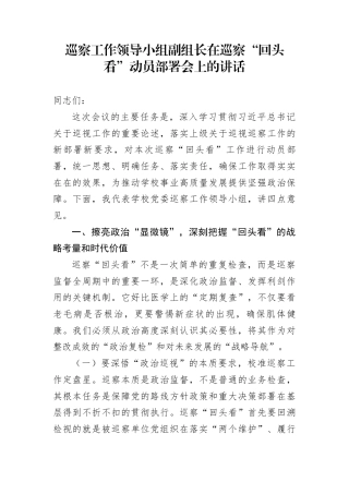 巡察工作领导小组副组长在巡察“回头看”动员部署会上的讲话
