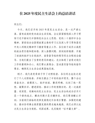 在2025年度民主生活会上的总结讲话