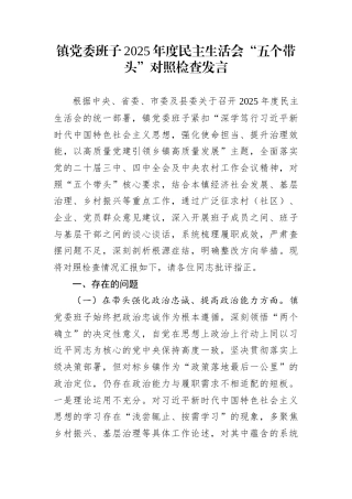 镇党委班子2025年度民主生活会“五个带头”对照检查发言