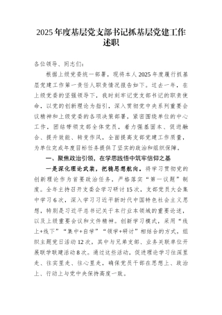 2025年度基层党支部书记抓基层党建工作述职