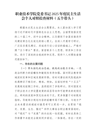 职业技术学院党委书记2025年度民主生活会个人对照检查材料（五个带头）