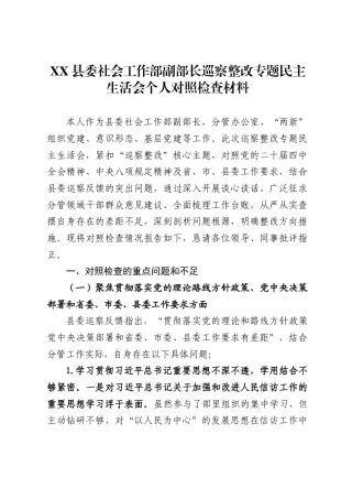 X县委社会工作部副部长巡察整改专题民主生活会个人对照检查材料