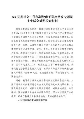 X县委社会工作部领导班子巡察整改专题民主生活会对照检查材料