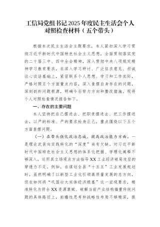 工信局党组书记2025年度民主生活会个人对照检查材料(五个带头)