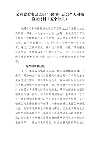 公司党委书记2025年民主生活会个人对照检查材料（五个带头）