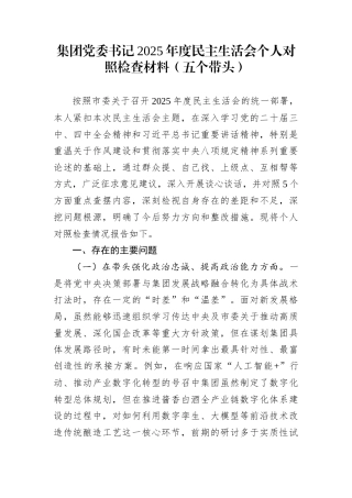 集团党委书记2025年度民主生活会个人对照检查材料（五个带头）
