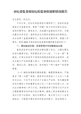 市纪委监委派驻纪检监察组履职情况报告