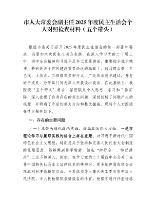 市人大常委会副主任2025年度民主生活会个人对照检查材料(五个带头)