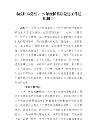 市统计局党组2025年度抓基层党建工作述职报告