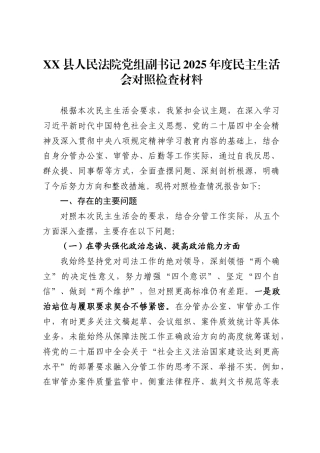 县人民法院党组副书记2025年度民主生活会对照检查材料