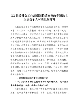 县委社会工作部副部长巡察整改专题民主生活会个人对照检查材料