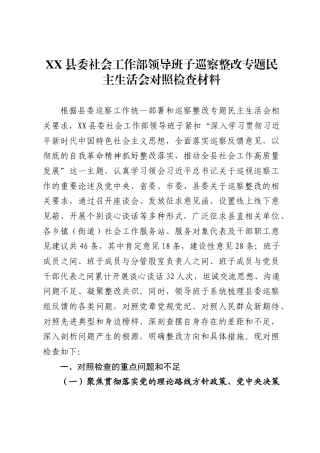县委社会工作部领导班子巡察整改专题民主生活会对照检查材料.