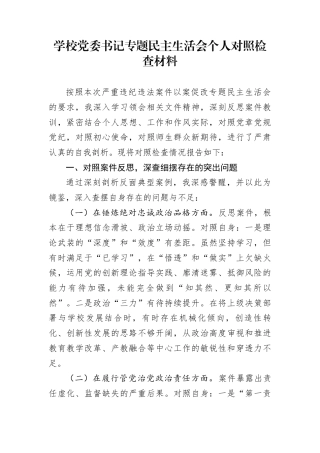 学校党委书记专题民主生活会个人对照检查材料
