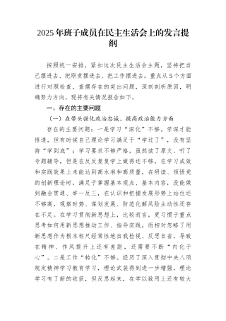 2025年班子成员在民主生活会上的发言提纲