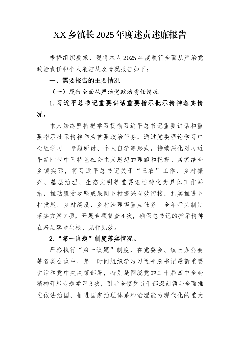 XX乡镇长2025年度述责述廉报告_第1页