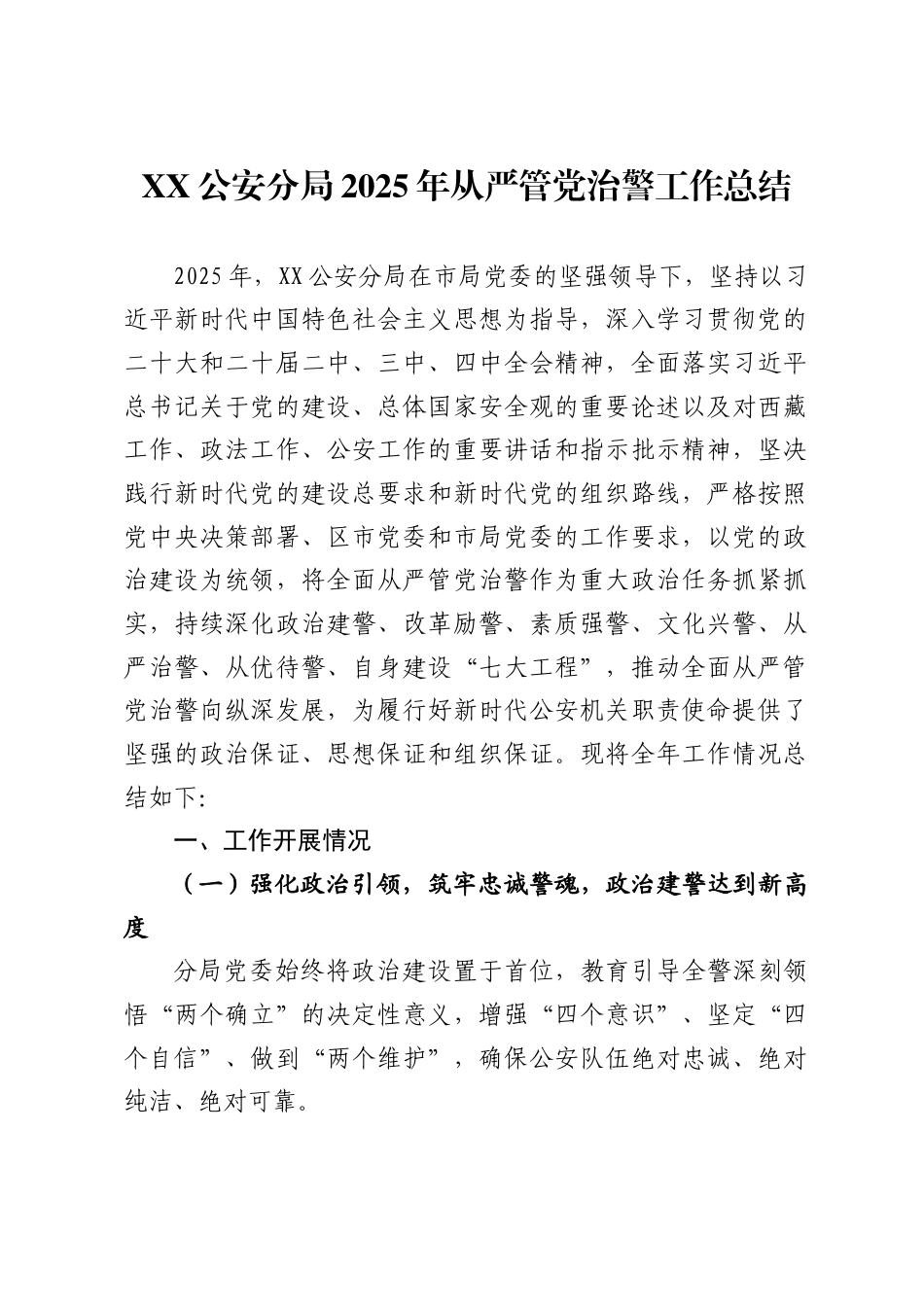 公安分局2025年从严管党治警工作总结_第1页