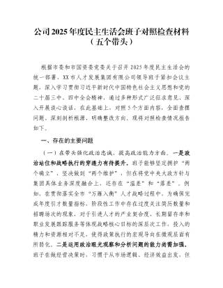 公司2025年度民主生活会班子对照检查材料(五个带头)