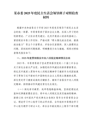 某市委2025年度民主生活会领导班子对照检查材料