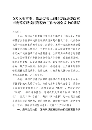 区委常委、政法委书记在区委政法委落实市委巡察反馈问题整改工作专题会议上的讲话.