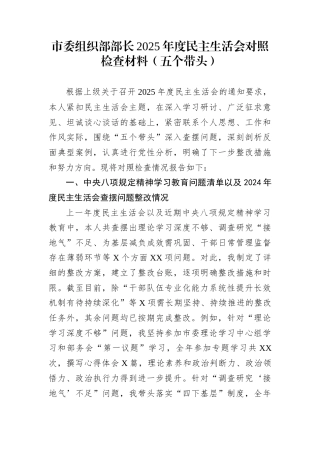 市委组织部部长2025年度民主生活会对照检查材料（五个带头）
