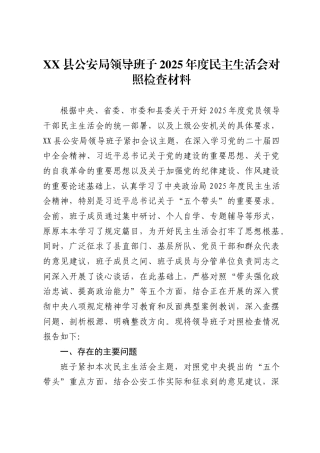 县公安局领导班子2025年度民主生活会对照检查材料
