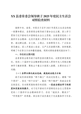 县委常委会领导班子2025年度民主生活会对照检查材料
